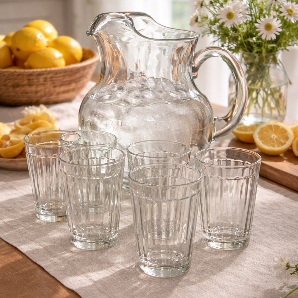 Libbey Paneled Juice Glasses Set of 6 with Blown Glass Pitcher